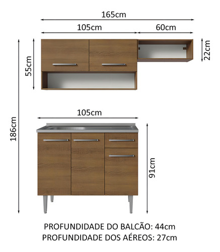 Armário De Cozinha Compacta 165cm Com Pia Emilly Madesa 09 R Cor Rustic