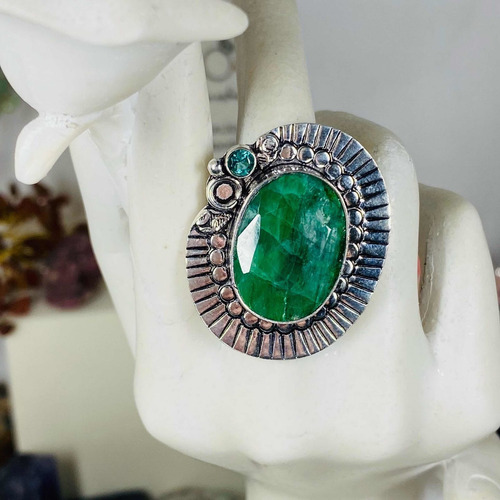 Imagen 8 de 8 de Anillo Plata India Esmeralda Facetada Y Topacio Azul N15- Ae