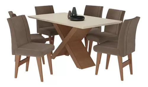 Conjunto Mesa De Jantar 6 Cadeiras Nairóbi Cinam/off/bege-ma Cor  Cinamomo/off White/bege 03