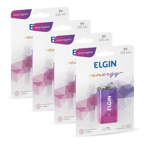 04 Baterias Elgin 9v 250mah Recarregável Alcalina 4 Cartelas