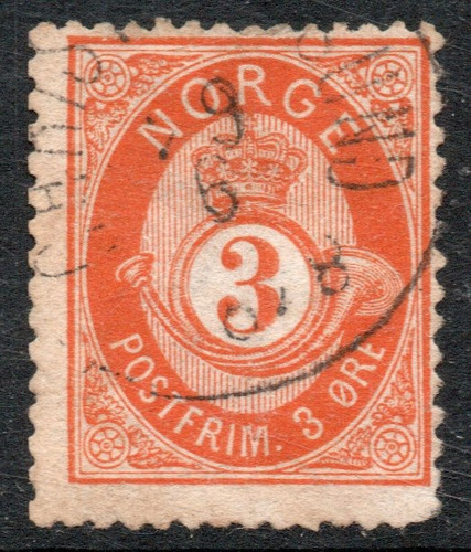Noruega Antiguo Sello Usado Cuerno Postal X 3 Ore Año 1877 