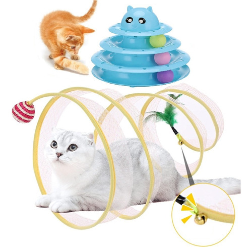 2 Brinquedo Para Gato Torre + Tunel Labirinto Interativo Pet Cor Torre Gatinho Azul + Túnel Mola Maluca
