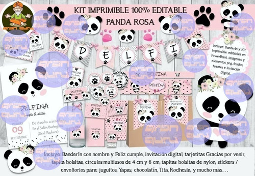 Kit Imprimible Candy Bar Panda Pandita Rosa Editable 100%
