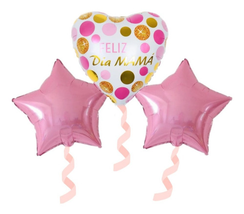 Set Globos Metalizado Corazón Feliz Día Mama+estrellas X 3pz