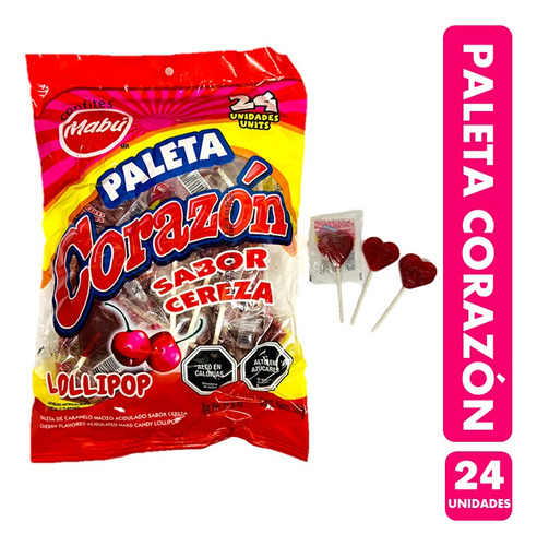 Chupetin Forma  Corazón Sabor Cereza De Mabu(bolsa Con 24u)