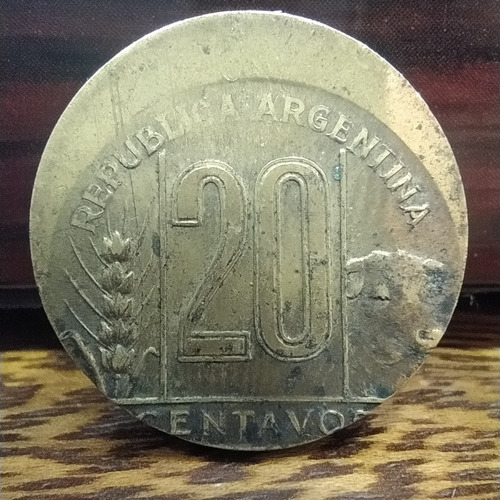 Moneda 20 Centavos Argentina 1945 Error Cuño Desplazado
