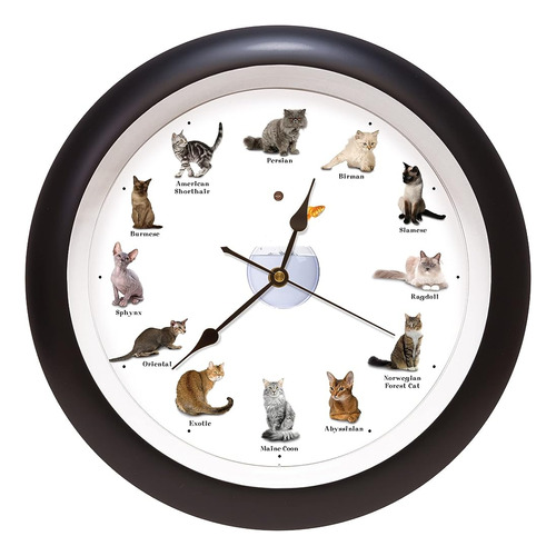 Meowing Cat Sounds Wall Clock, 13 , Negro, 12 Razas Populare