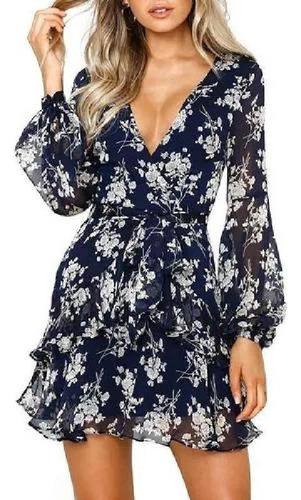 Navidad Ropa Mujer Vestido Floral Casual Corto En V Cuello