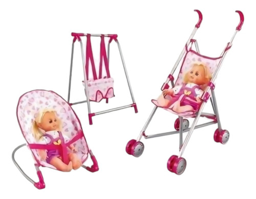 Set Juego De Muñeca 3 En 1 Silla Columpio Y Coche Mamá Bebé 