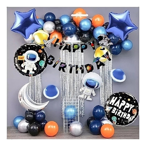 Kit Globos Feliz Cumpleaños Astronauta Deco Fiesta Metalicos