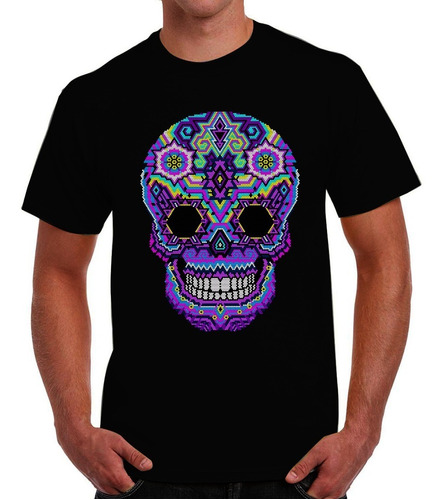 Playera De Hombre De Calavera En Arte Huichol Dia De Muertos