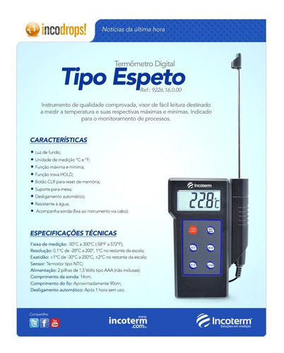 Termômetro Digital Espeto Com Sonda 14cm -50c+300 Incoterm