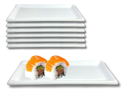 Kit 6 Pratos Para Sushi Kakusara Retangular Porcelana Branco