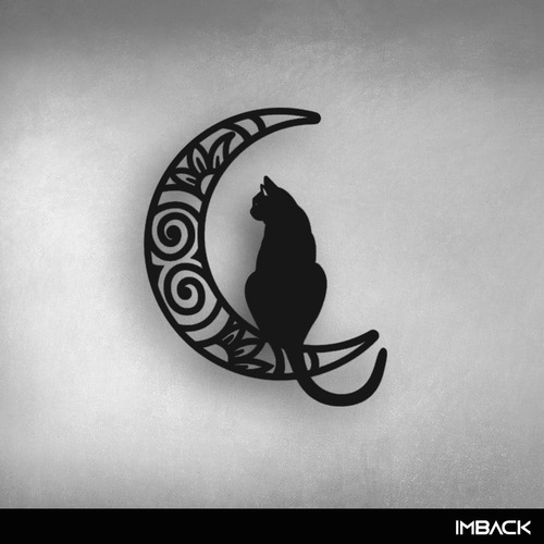 Imagen 2 de 6 de Cuadro De Madera Moderno Calado Mdf Decorativo Gato Y Luna