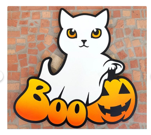 Cuadro Decorativo Halloween Gatito Boo Fantasma En Madera 