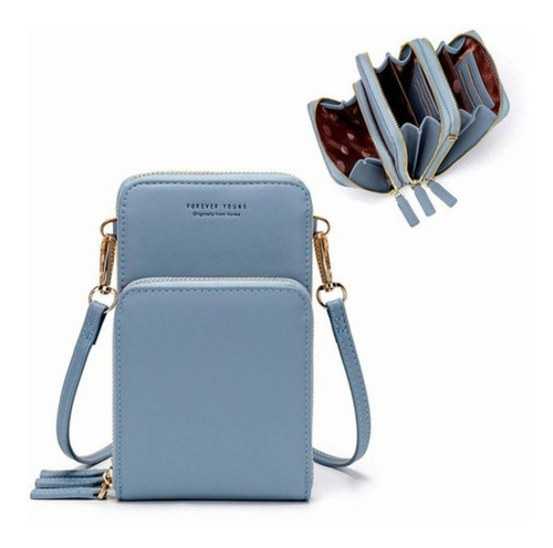 Funda para teléfono celular con monedero transversal para mujer, color azul claro