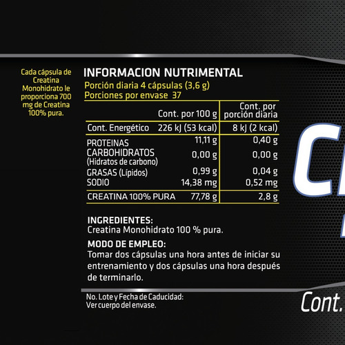 Imagen 6 de 8 de Creatina Monohidrato (150 Caps) Prowinner