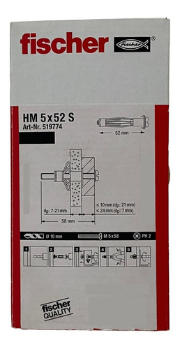 Caja 50 Taquetes Para Tablaroca Metalico Fischer Hm 5x52 S 