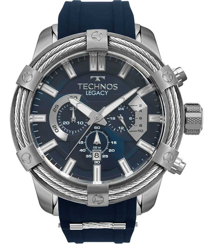 Relógio Technos Masculino Legacy Grande Premium Js25bbr/2a Correia Azul Bisel Prateado Fundo Azul