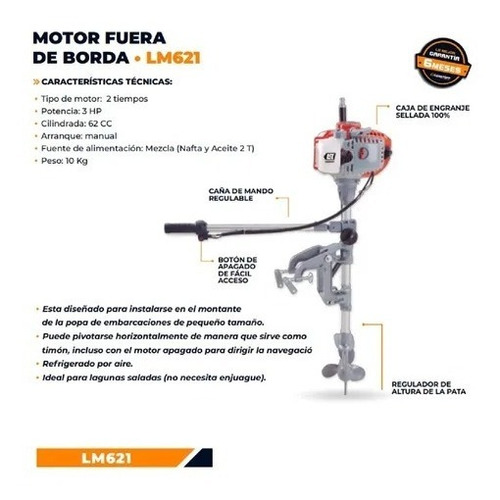 Imagen 2 de 10 de Motor Fuera De Borda Lusqtoff Lm621 P/ Laguna 2t 2.5hp 62 Cc