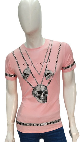 Imagen 1 de 6 de Playera Hombre Calaveras Cadenas Plateada Pedreria Slimfit