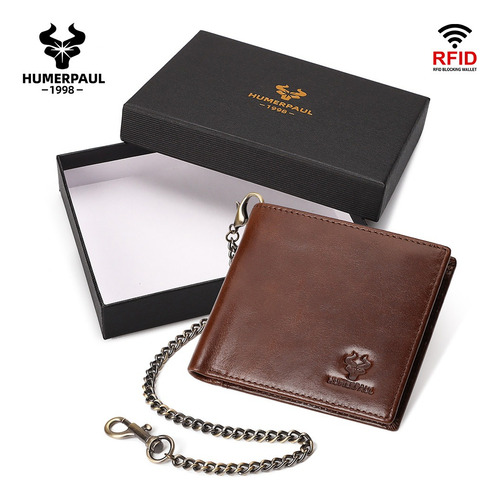 Cartera De Cuero Genuino Con Cierre Antirrobo Rfid Para Homb
