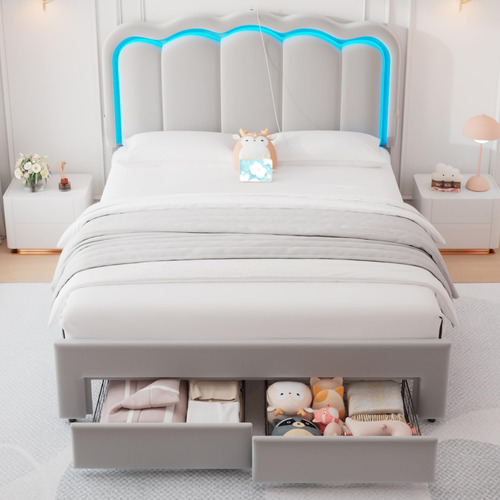 Base De Cama Matrimonial Led Tapizada Con 2 Cajones Y Cabece