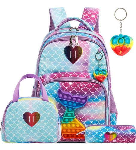 Mochila Escolar Con Lapicera Y Con Lonchera. Figura De Sirena Y Juguete Pop It.