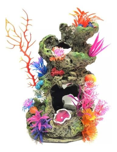 Enfeite Aquário Rocha Coral Furada Com Plantas  - 13x12x20cm