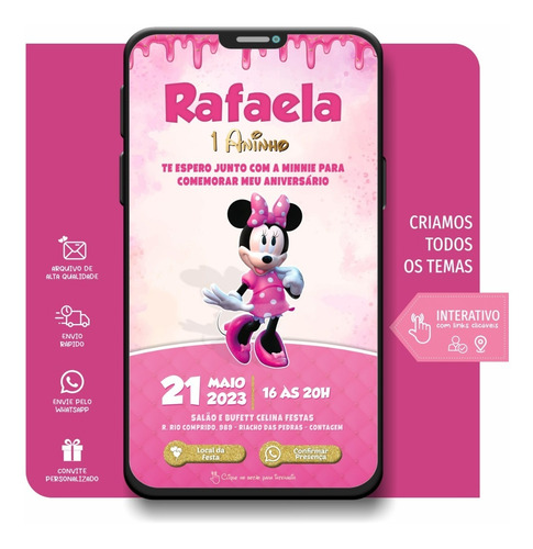 Convite Minnie Rosa Digital Interativo Online Whatsapp