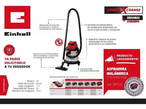 Aspiradora Inalambrica Agua Polvo Einhell Tcvc18/20 36 V