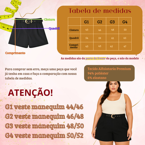 Short Plus Size Alfaiataria Premium Com Cinto Várias Cores