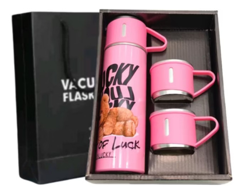 Kit Garrafa Térmica Urso Com 3 Xícaras Tampa Caneca 500 Ml Rosa