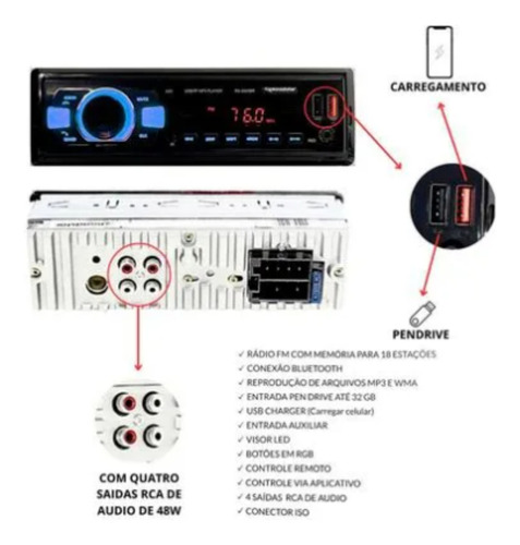 Auto Radio Mp3 Crossfox Trafic Bt Rca Fm Sd Usb Rbg