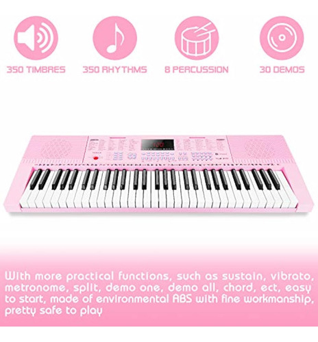 Teclado Para Niña Color Rosa 61 Teclas Con Microfono Y Nota