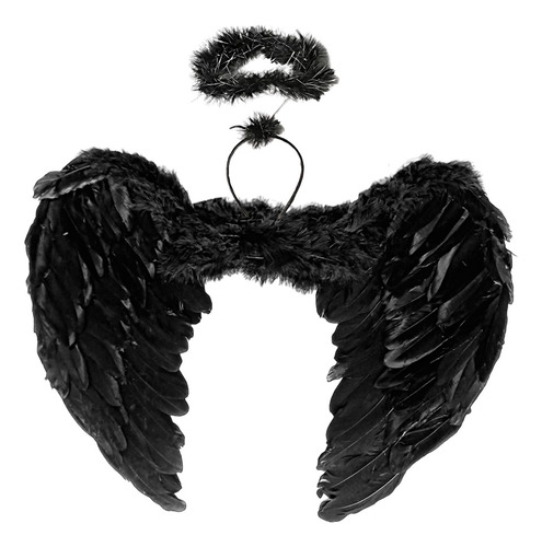 Disfraz Angel Negro Alas 60cm + Aureola Adulto Mujer Halloween Fiesta Sexy