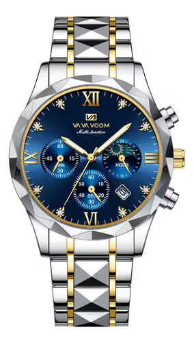 Relojes De Cuarzo Para Hombre Con Cronómetro De Tres Esferas Correa Plateado Bisel Azul Fondo Plateado