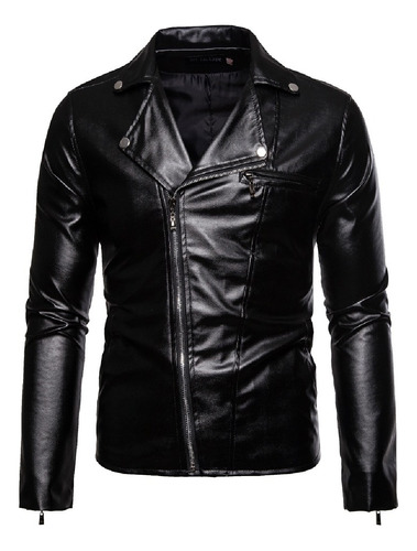 Chamarra Biker De Piel Slim Para Hombre De Cuello Alto