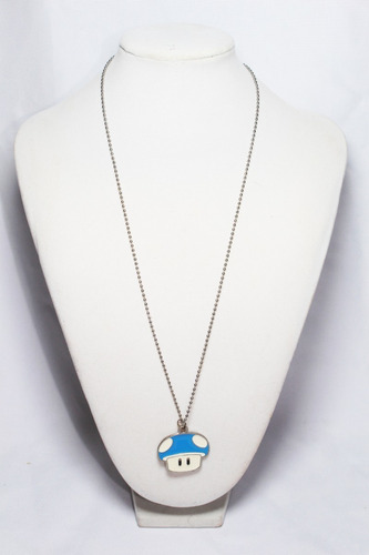 Collar Acero Plateado Super Mario Hongo Azul Com46