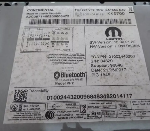 Código De Desbloqueio Rádio Fiat Toro Argo Mopar Continental