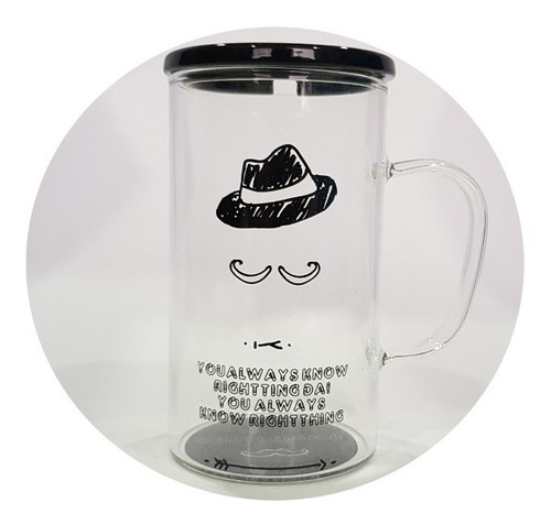 Vaso Taza Pocillo Caballero Vidrio Tapa Y Cuchara Sombrero