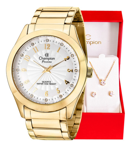 Relógio Champion Feminino Dourado Cn29409d + Colar E Brincos Cor Da Correia Dourado Cor Do Bisel Dourado Cor Do Fundo Branco