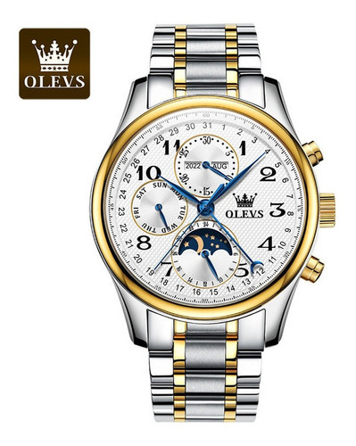 Olevs Reloj Cronógrafo Mecánico Con Fase Lunar Para Hombre Color De La Correa Stainless/silver Gold
