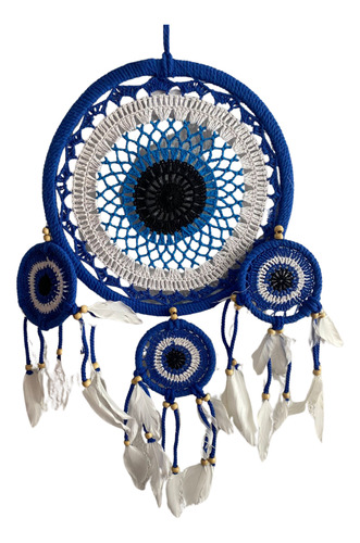 Hermoso Atrapasueños Azul Y Blanco 60cm Alto Con Plumas