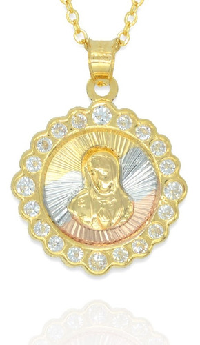 Medalla Rostro Virgen Flor Redonda. Oro Laminado 14k Bautizo