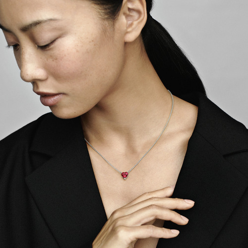 Collar Pandora Con Halo De Corazón Reluciente, Versión Roja Rojo