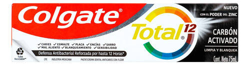 Crema Dental Colgate Total 12 Carbon Activado 75 Ml