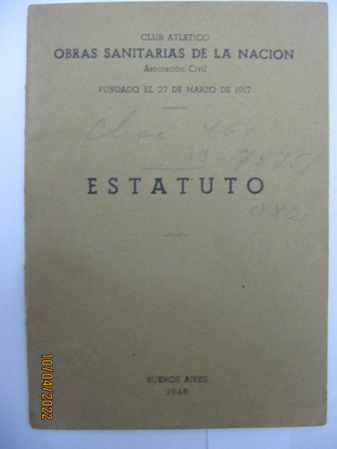 Estatuto Club Atletico Obras Sanitarias De La Nacion  1946