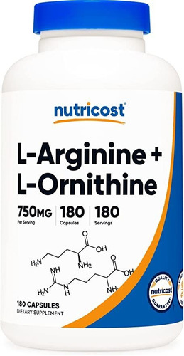 Nutricost L-arginina L-ornitina 750 Mg; 180 Cápsulas Combin
