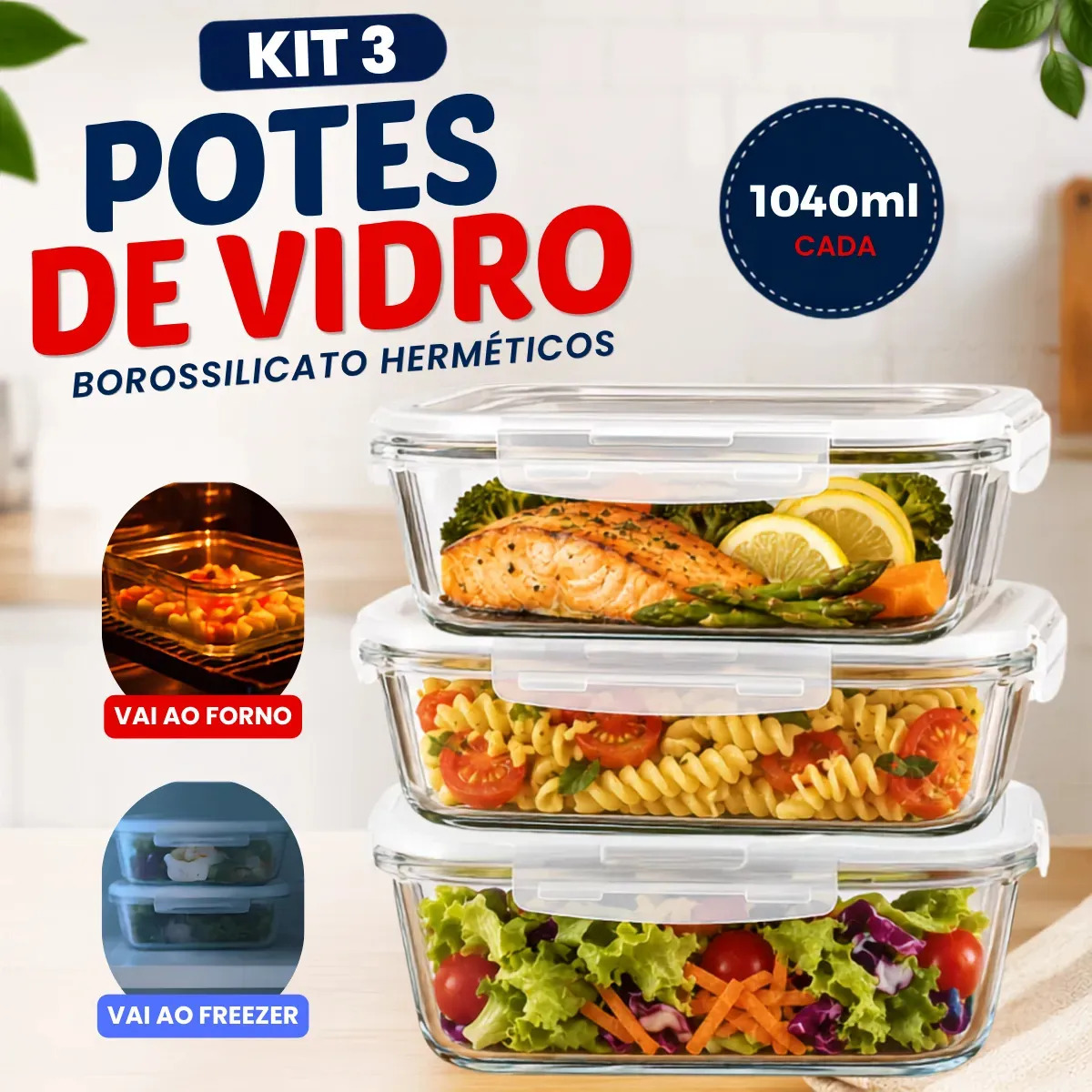 Kit 3 Potes de vidro ​hermético 1040ml Borossilicato transparente marmita com tampa travas vedação tapuer refrátario para forno micro-ondas freezer reutilizável para cozinha fitness pote salada frios